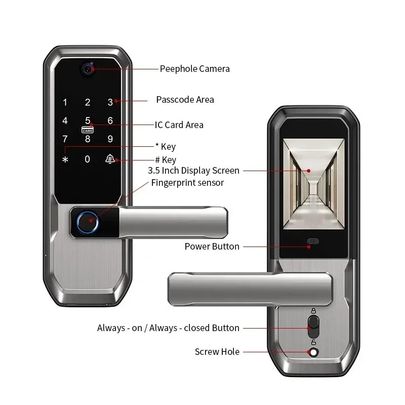 Smart Home Door Lock - Tuya WiFiスマートドアロック、覗き穴カメラ付き、シングルラッチキーレス指紋認証ロック、家庭/アパート用セキュリティハンドルスマートロック