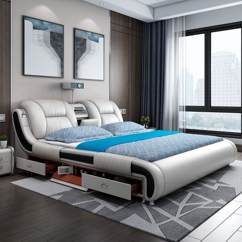 Smart Home Plus - モダンな高級感あふれる寝室家具。スマート電動マッサージ機能付き、張り地仕上げのキングサイズダブルベッド。テレビを組み込んだデザイン。マットレスとフレームがセット。